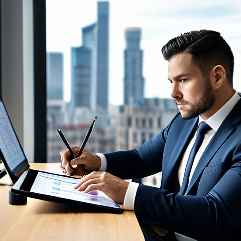 A professional male Certified Financial Planner (CFP) in a modern, dark business suit, fully clothed, seated at a sleek wooden desk in a contemporary office setting. He is intently reading a financial report on a tablet, with a second monitor displaying complex charts. The background features a blurred cityscape through a large window. The atmosphere is studious and focused, emphasizing continuous learning and adaptation to market changes. Perfect anatomy, correct proportions, natural pose, well-formed hands, proper finger count, natural body proportions. Safe for work, appropriate content, modest clothing, professional photography, high quality.