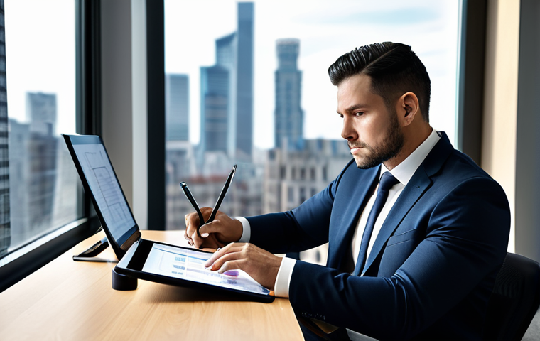 A professional male Certified Financial Planner (CFP) in a modern, dark business suit, fully clothed, seated at a sleek wooden desk in a contemporary office setting. He is intently reading a financial report on a tablet, with a second monitor displaying complex charts. The background features a blurred cityscape through a large window. The atmosphere is studious and focused, emphasizing continuous learning and adaptation to market changes. Perfect anatomy, correct proportions, natural pose, well-formed hands, proper finger count, natural body proportions. Safe for work, appropriate content, modest clothing, professional photography, high quality.