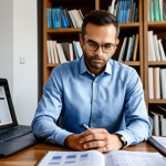 A focused professional person, mid-career, seated at an organized wooden desk in a modern, well-lit home study. They are wearing a crisp, modest business casual shirt and trousers. On the desk are stacks of financial planning textbooks, a sleek laptop displaying abstract charts, a neatly arranged calendar, and a steaming mug. The person is looking at their planner with a determined yet calm expression, highlighting meticulous planning and self-discipline. The background is slightly blurred, showcasing bookshelves filled with professional literature. Perfect anatomy, correct proportions, well-formed hands, natural pose, natural body proportions, professional photography, high quality, realistic, fully clothed, appropriate attire, safe for work, appropriate content, professional.