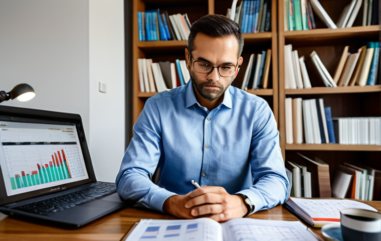 A focused professional person, mid-career, seated at an organized wooden desk in a modern, well-lit home study. They are wearing a crisp, modest business casual shirt and trousers. On the desk are stacks of financial planning textbooks, a sleek laptop displaying abstract charts, a neatly arranged calendar, and a steaming mug. The person is looking at their planner with a determined yet calm expression, highlighting meticulous planning and self-discipline. The background is slightly blurred, showcasing bookshelves filled with professional literature. Perfect anatomy, correct proportions, well-formed hands, natural pose, natural body proportions, professional photography, high quality, realistic, fully clothed, appropriate attire, safe for work, appropriate content, professional.
