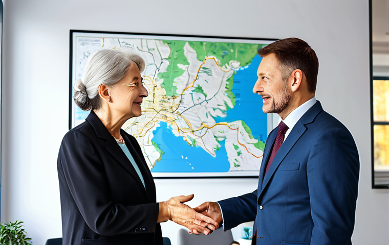 A professional financial consultant, fully clothed in a modest business suit, engages in a calm and empathetic discussion with an older couple client in a well-lit, modern office. The consultant actively listens, showing a warm and understanding expression. The clients are dressed in appropriate professional attire, looking reassured and comfortable. A subtle visual element indicating a dream, such as a blurred background image of a picturesque dacha or a map of St. Petersburg region on a wall. The scene conveys trust and personalized attention, safe for work, appropriate content, perfect anatomy, correct proportions, natural pose, well-formed hands, proper finger count, natural body proportions, professional photography, high quality, family-friendly.
