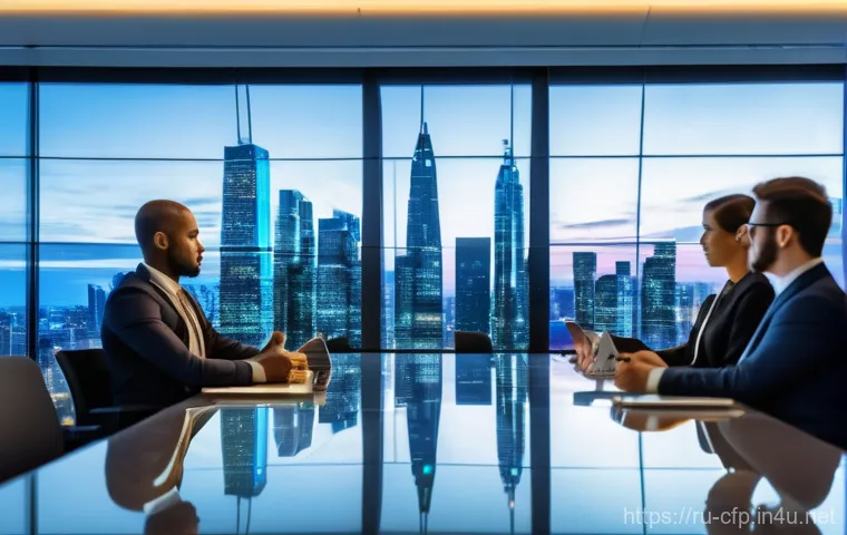 재무설계사가 알아야 할 최신 금융 상품 - **Prompt: "A sleek, modern financial conference room overlooking a dynamic, slightly blurred city sk...